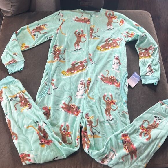 Nick & Nora Adult Teen Unisex Fleece One Piece Sock Monkeys Pajama Size S NWT - Picture 2 of 12